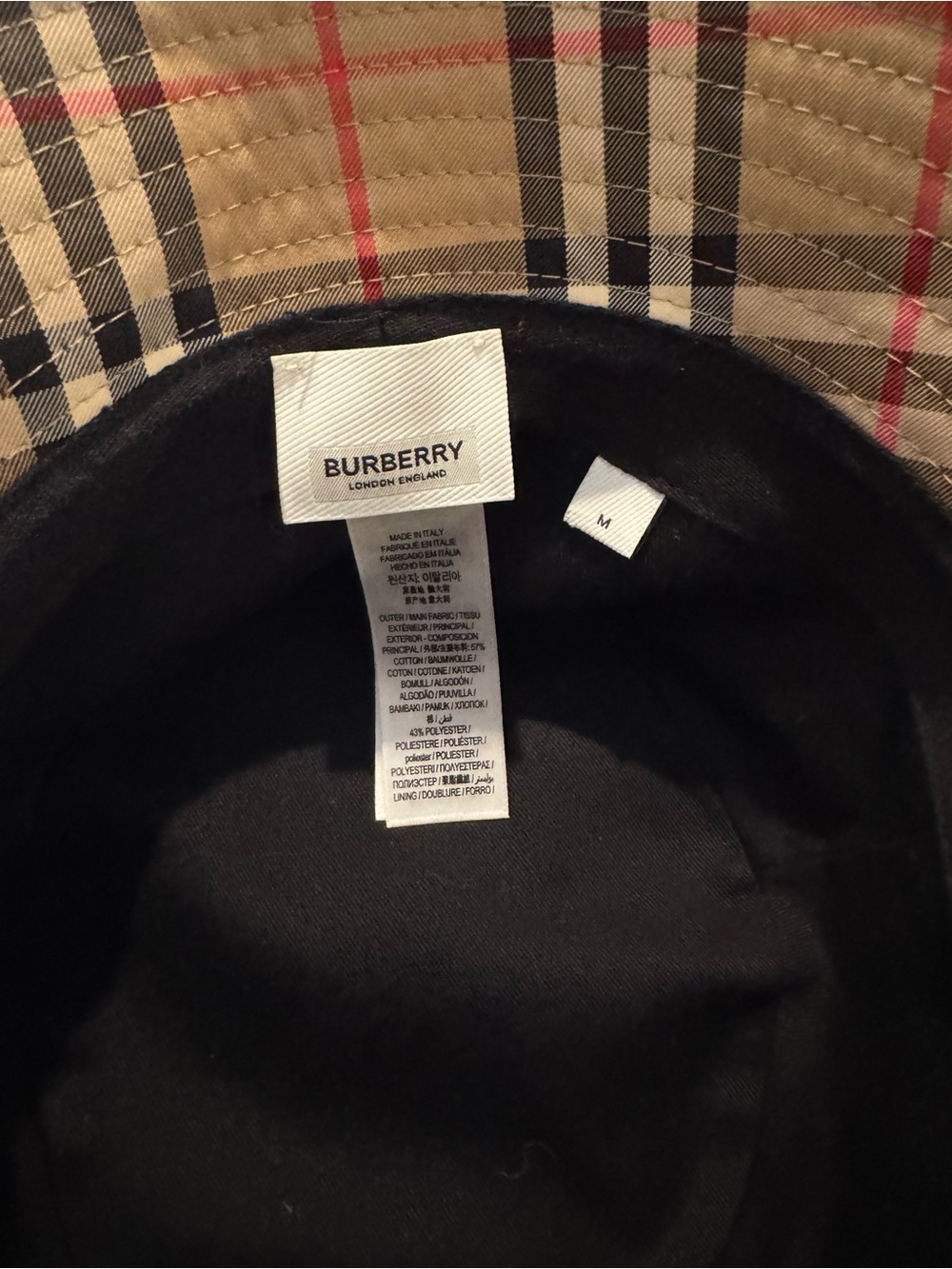 Burberry Tan Plaid Bucket Hat with Black & Red Accents - Picture 3 of 10